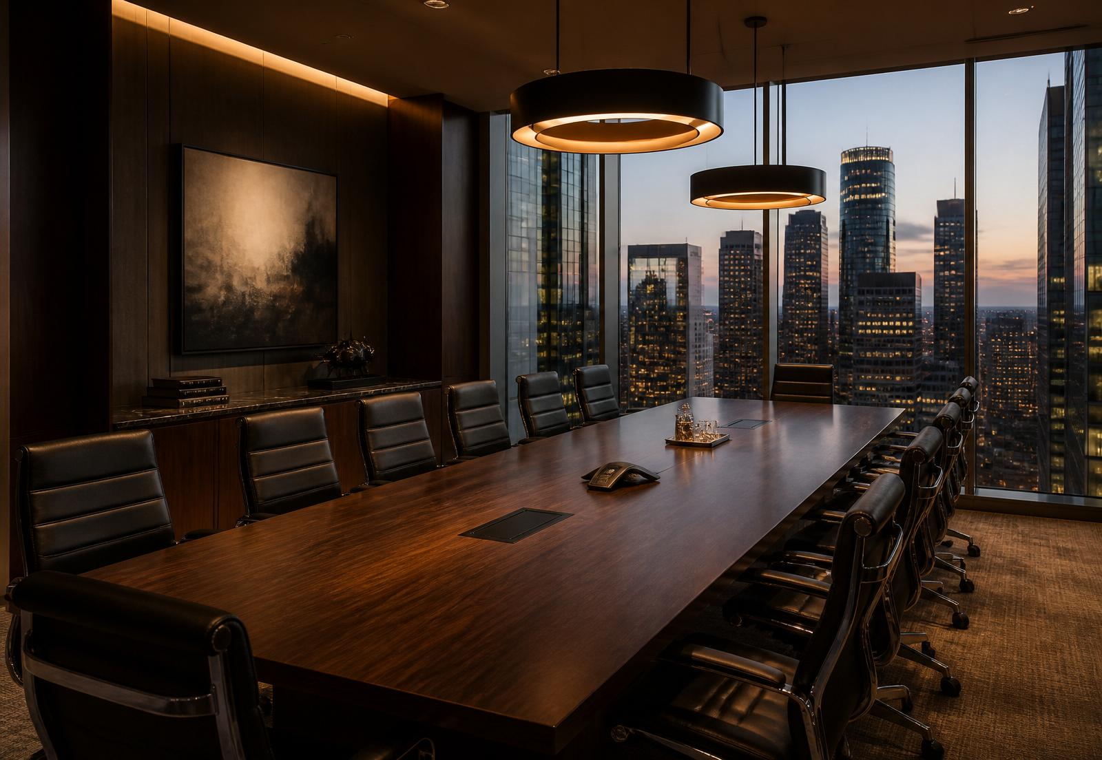Executive boardroom overlooking a Houston financial district at dusk