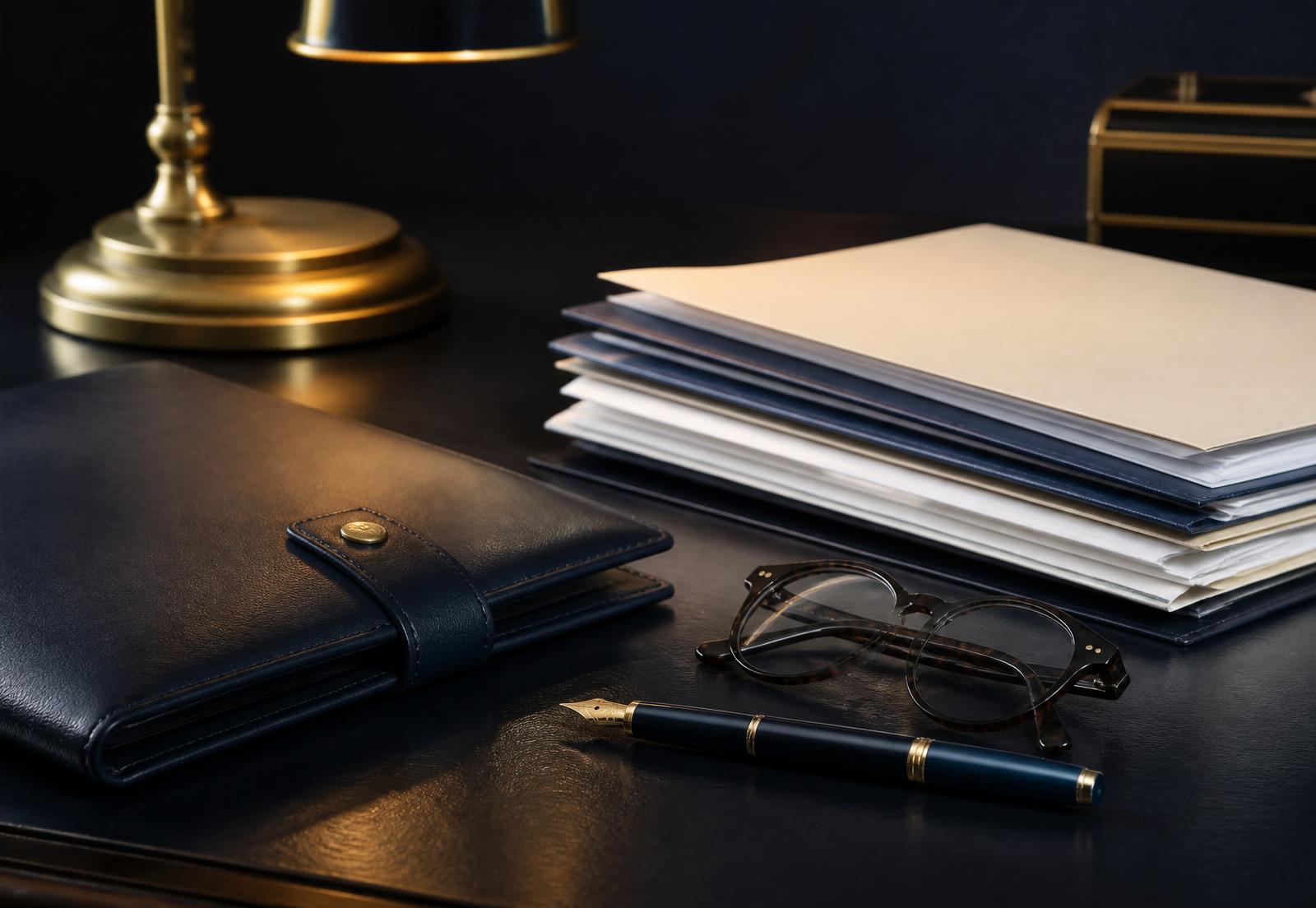 Executive desk detail with leather portfolio and brass lamp